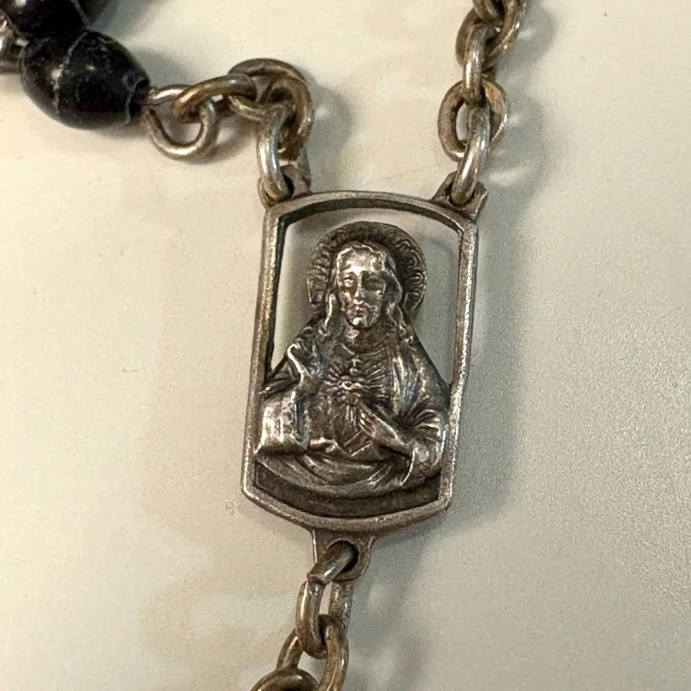 Vintage Catholic Rosary Black Beads Silver Tone Crucifix Sacred Heart